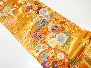蝶に牡丹・菊・梅模様織り出し　袋帯